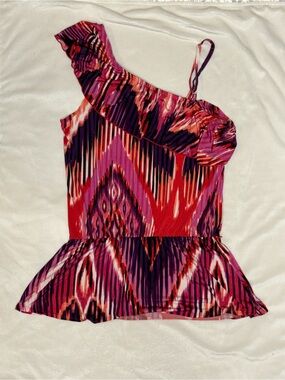 BCX One-Shoulder Ruffled Peplum Top in Red and Purple